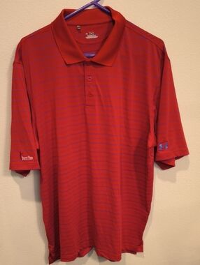 Under Armour Red Polo with Thin Blue Stripes Heat Gear XL